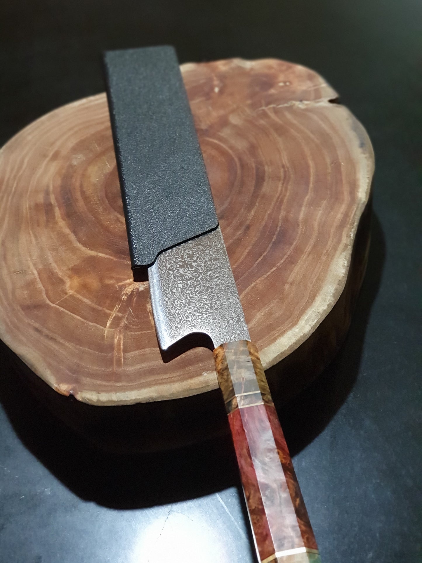 Ken Fuyuki Arashi Handmade 27+27 Layered Damascus Kiritsuke (VG10 core with multi-colored octagonal solid wood handle) - with Saya (Sheath)