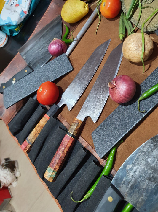 Ken Fuyuki Arashi Handmade 27+27 Layered Damascus Kiritsuke (VG10 core with multi-colored octagonal solid wood handle) - with Saya (Sheath)